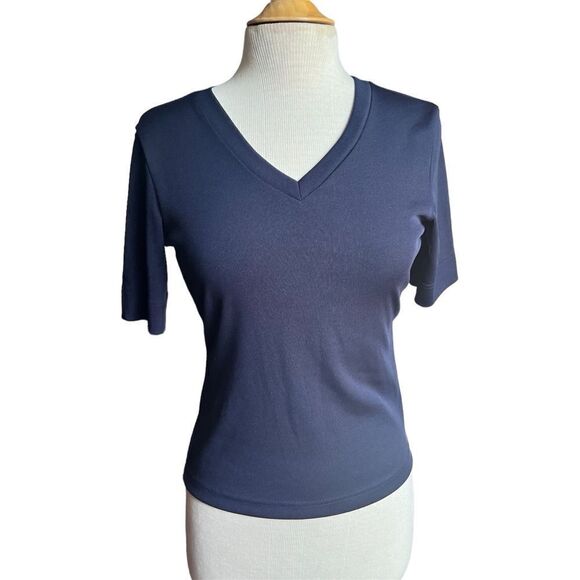 Vintage 90s Esprit Size Medium Black Short Sleeve V-Neck Spandex Top - Picture 1 of 4